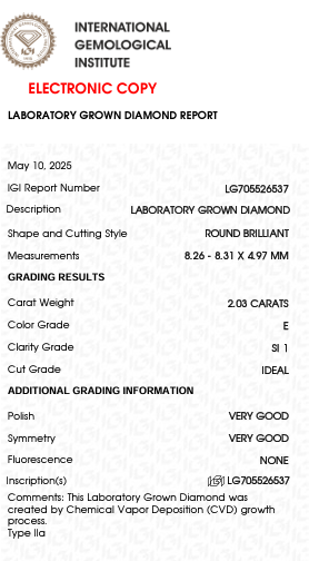 2.03 Carat E Color SI1 Clarity Round Shape Lab Grown Diamond