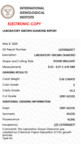 2.06 Carat E Color VS2 Clarity Round Shape Lab Grown Diamond