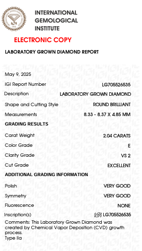2.04 Carat E Color VS2 Clarity Round Shape Lab Grown Diamond