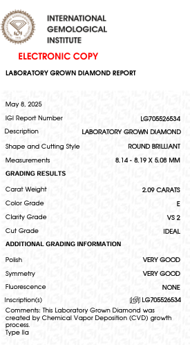 2.09 Carat E Color VS2 Clarity Round Shape Lab Grown Diamond