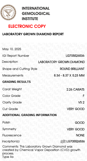 2.26 Carat F Color VS2 Clarity Round Shape Lab Grown Diamond