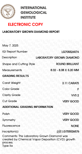 2.11 Carat F Color VVS2 Clarity Round Shape Lab Grown Diamond