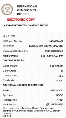 2.47 Carat G Color VS2 Clarity Round Shape Lab Grown Dimond
