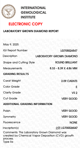 2.09 carat E Color VS2 Clarity Round Shape Lab Grown Diamond
