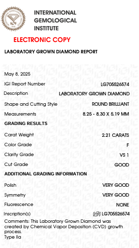 2.21 Carat F Color VS1 Clarity Lab Grown Diamond