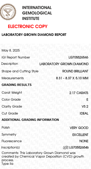 2.17 Carat E Color VS2 Clarity Round Shape Lab Grown Diamond