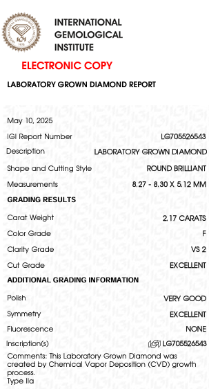 2.17 Carat F Color VS2 Clarity Round Shape Lab Grown Diamond