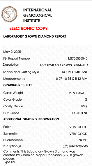 2.09 Carat G Color VS2 Clarity Round Shape Lab Grown Diamond