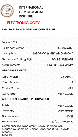2.06 Carat F Color VS2 Clarity Round Shape lab Grown Diamond