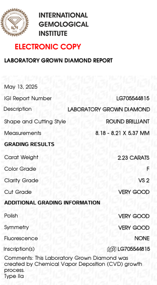2.23 Carat F Color VS2 Clarity Round Shape Lab Grown Diamond