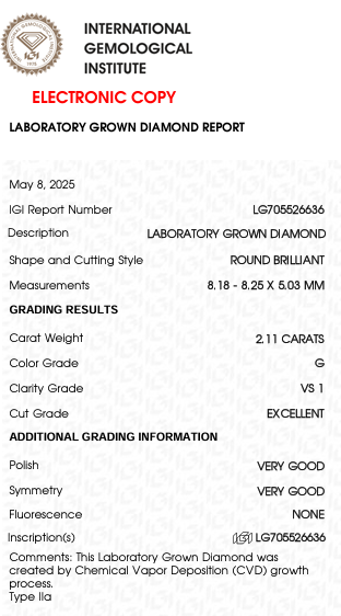 2.11 Carat G Color VS1 Clarity Round Shape Lab Grown Diamond