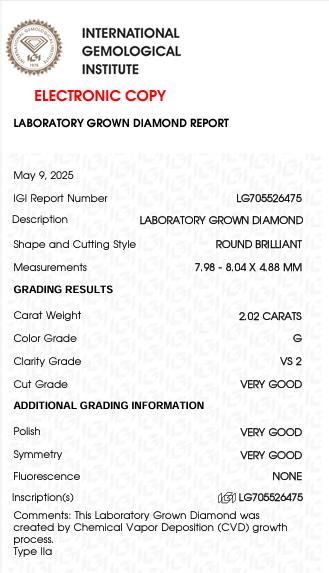 2.02 Carat G Color VS2 Clarity Round Shape Lab Grown Diamond