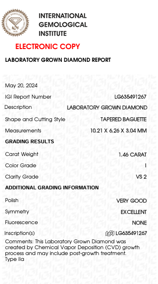 1.46 Carat I Color VS2 Clarity Tapered Baguette Shape Lab Grown Diamond