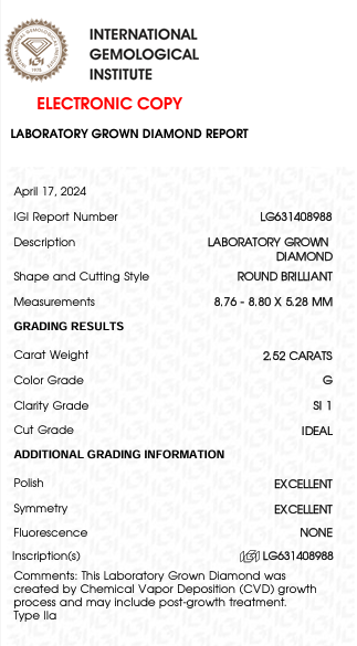 2.25 Carat G Color SI1 Clarity Round Shape Lab Gown Diamond