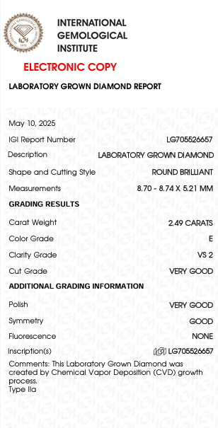2.49 Carat E Color VS2 Clarity Round Shape Lab Grown Diamond