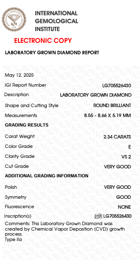 2.34 Carat E Color VS2 Clarity Round Shape Lab Grown Diamond