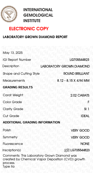 2.02 Carat F Color SI1 Clarity Round Shape Lab Grown Diamond