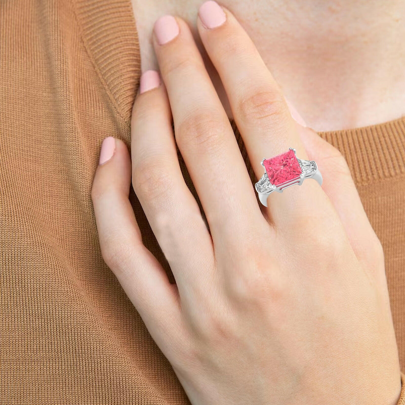 White Gold Studded 4 Carat Lab Grown Diamond Ring-Intense Pink Color VVS Clarity.