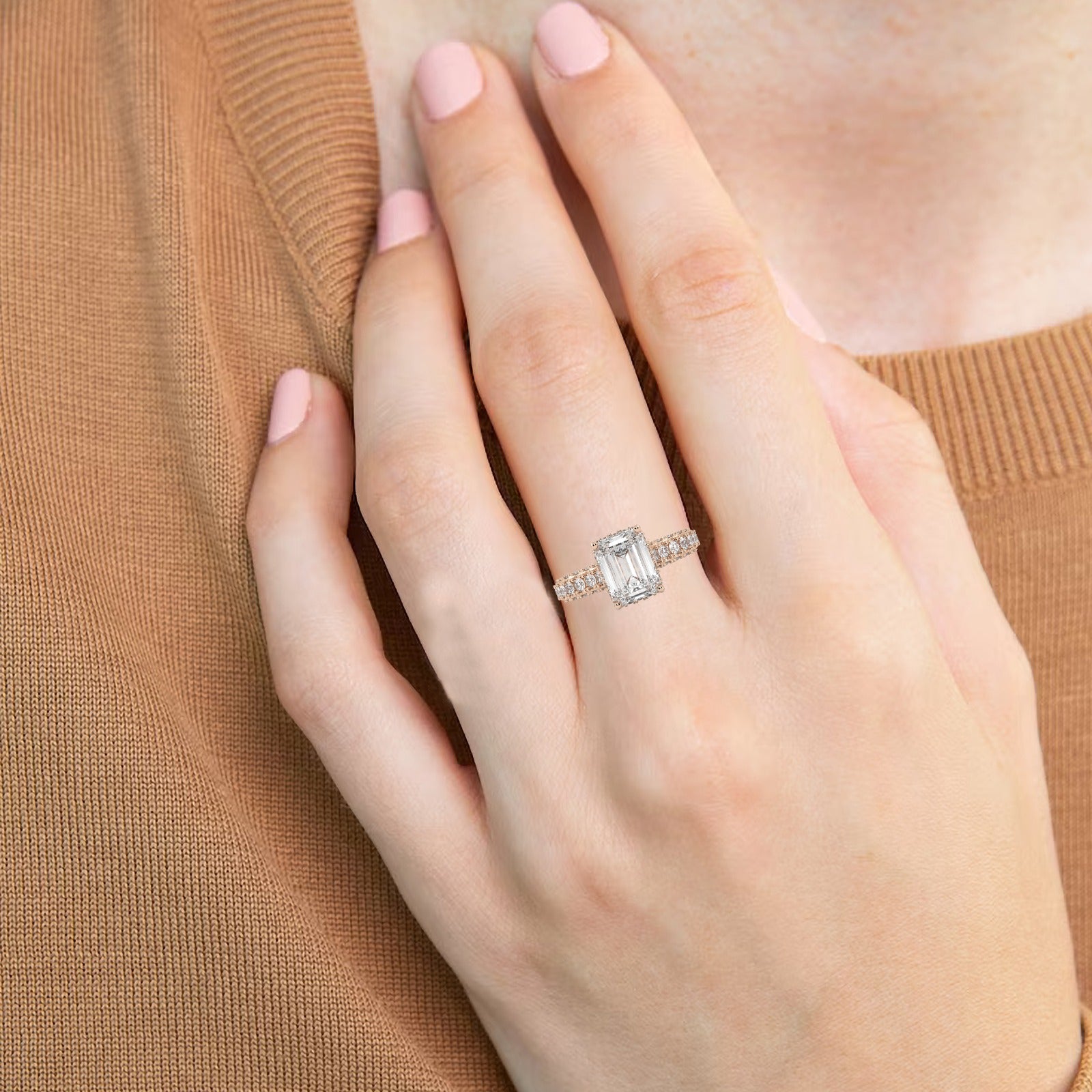 Rose Gold Studded 2.83 Carat Lab Grown Diamond Ring-F Color VS2 Clarity.