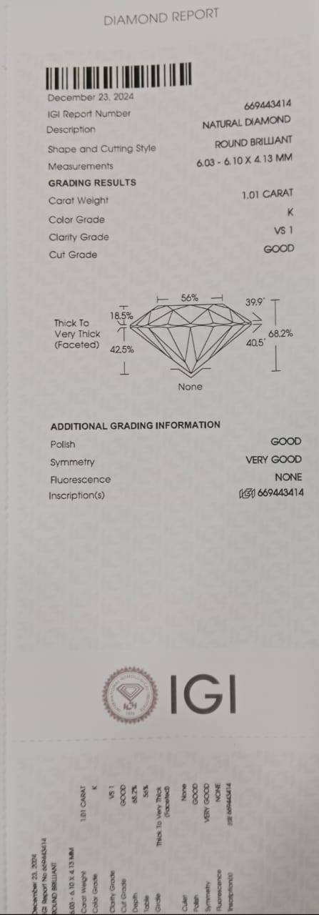 Solitairekart 1.01 Carat K Color VS1 Clarity Natural Diamond