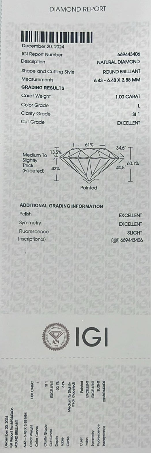 Solitairekart 1 Carat L Color SI1 Clarity Natural Diamond